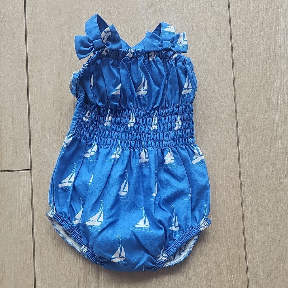 Rachel Riley Blue Sailboat Print Baby Romper